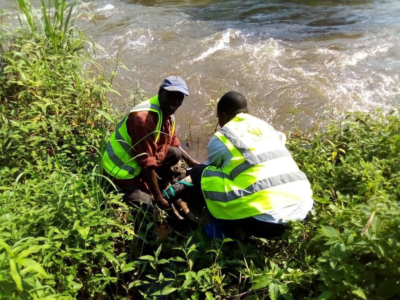 Two PALPER staff members checking a river used for drinking water in North Kivu, DR Congo