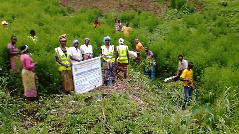 Community members and PALPER staff with the PALPER banner at a field site in North Kivu, DR Congo